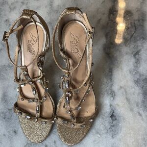 Jewel Badgley Mischka Gold Embellished Heels gemstone rhinestone sz 9 prom 6221